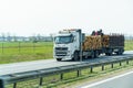 Dresden, Germany - April 24, 2023: Timber truck transports cut trees from the forest along the highway.
