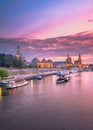 Dresden, Germany cityscape of cathdedrals over the Elbe River