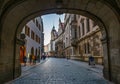 Dresden, Germany. Evening view from the street old town to the Dresden kirche, Dresden, Germany Royalty Free Stock Photo