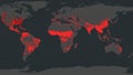 Dresden, Germany - February 2, 2023: World map of all continents showing cumulative wildfires as red dots by NASA FIRMS satellite