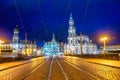 DRESDEN, GERMANY - JULY 14, 2016: Major landmarks of Dresden at night from Augustus Bridge, Germany Royalty Free Stock Photo