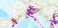 Dresden, Germany - July 29, 2022: Map of Europe by fire weather avalanche center for wildfire detection service showing global