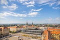Dresden, Germany - June 28, 2022: Aerial view of the Dresden skyline..Via the Altmarkt to the Kulturpalast to the Hofkirche and