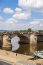 Dresden, Germany - June 28, 2022: Augustus bridge or Augustusbruecke on a sunny summer day. View from the Bruehl`s Terrace BrÃÂ¼
