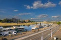 Dresden, Germany - June 28, 2022: Cityscape over the river Elbe to the Carola Bridge Carolabruecke. View from the Elbe terrace