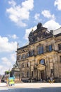 Dresden, Germany - June 28, 2022: The Higher Regional Court of Dresden with the statue of Friedrich August the Just in front of