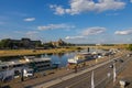 Dresden, Germany - June 28, 2022: Panoramic view over the Terrassenufer to the river Elbe meadows Elbwiesen with the