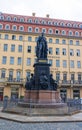 Dresden, Germany - June 28, 2022: Statue of Friedrich August II on Dresden`s Neumarkt in front of the famous Steigenberger Hotel