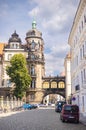 Dresden, Germany - June 28, 2022: View of the Taschenberg, street between Residenzschloss and Taschenbergpalais. Footbridge as