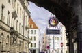 Dresden, Germany - June 28, 2022: View through the Taschenbergpalais with the Paulaner Beer garden or Biergarten. Paulaner hanging