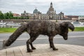 Dresden, Germany - May 16, 2023: Artistic statue vulpes gott in front of Supreme Land Court palace in Dresden, Germany