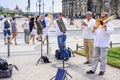 DRESDEN, GERMANY - MAY 2017: a group of street musicians playing jazz in the center of Dresden.