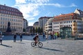 DRESDEN, GERMANY - OKTOBER 12, 2018: Tourists on a cozy street on a sunny day in Germany