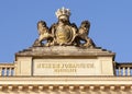 Dresden Johanneum building. Statue on roof top. Royalty Free Stock Photo