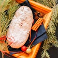 Dresden Stollen with dried cranberies and nuts. Festive European Royalty Free Stock Photo