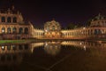 Dresden Zwinger palace panorama with illumination at night and w Royalty Free Stock Photo