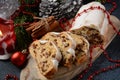 Dresdner Stollen is a Traditional German Cake with raisins. Gift for Christmas.