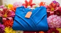 Stylish blue blouse with blank tag amidst vibrant floral display for fashion e-commerce promotions Royalty Free Stock Photo
