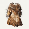 Dress of ancient prehistoric neanderthal woman from fur and animal skins isolated on white close-up Royalty Free Stock Photo