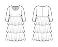 Dress babydoll technical fashion illustration with elbow sleeves, oversized body, knee length ruffle tiered skirt. Flat