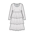 Dress babydoll technical fashion illustration with long sleeves, oversized body, knee length ruffle tiered skirt. Flat