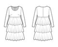 Dress babydoll technical fashion illustration with long sleeves, oversized body, knee length ruffle tiered skirt. Flat