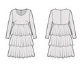 Dress babydoll technical fashion illustration with long sleeves, oversized body, knee length ruffle tiered skirt. Flat