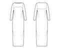 Dress column technical fashion illustration with long sleeves, fitted body, floor maxi length pencil skirt. Flat evening