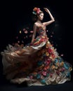 Dress of Flowers, Model wearing a dress made of pink, blue, yellow, purple flowers, fantasy, romantic, beautiful. Generative AI Royalty Free Stock Photo