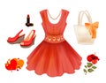 Dress, handbag, flower, lipstick and sand