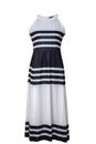 Dress isolated. Closeup of colorful elegant stylish black and white striped sleeveless summer dress or sundress on a mannequin.