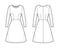Dress A-line technical fashion illustration with long sleeves, fitted body, natural waistline, knee length skirt. Flat