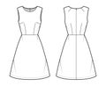 Dress A-line technical fashion illustration with sleeveless, fitted body, natural waistline, knee length skirt. Flat