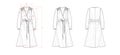 A-line dress with overlapped front, ruching shoulder and belt, flat sketch, front and back views, with measurement guide