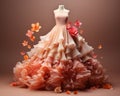 a dress made of pink ruffles and flowers on a mannequin