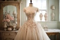 A dress on a mannequin in a room, serving as a fashion display and element of visual merchandising., Vintage wedding dress