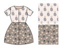 Dress pattern design for girls. Flowers and pineapples seamless pattern set.