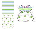 Dress pattern design for girls. Stripes and frogs seamless pattern set.