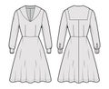 Dress sailor technical fashion illustration with middy collar, long sleeve with cuff, fitted, knee length circular skirt