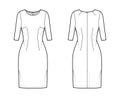 Dress sheath technical fashion illustration with elbow sleeves, fitted body, knee length pencil skirt Flat apparel front