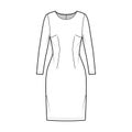 Dress sheath technical fashion illustration with long sleeves, fitted body, knee length pencil skirt. Flat apparel front