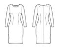 Dress sheath technical fashion illustration with long sleeves, fitted body, knee length pencil skirt. Flat apparel front