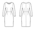 Dress sheath technical fashion illustration with long sleeves, fitted body, natural waistline, pencil skirt Flat apparel