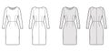 Dress sheath technical fashion illustration with long sleeves, fitted body, natural waistline, pencil skirt Flat apparel