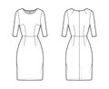 Dress sheath technical fashion illustration with natural waistline, fitted body, knee length pencil skirt Flat apparel