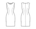 Dress sheath technical fashion illustration with sleeveless, fitted body, knee length pencil skirt. Flat apparel front