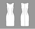 Dress sheath technical fashion illustration with sleeveless, fitted body, knee length pencil skirt. Flat apparel front