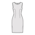 Dress sheath technical fashion illustration with sleeveless, fitted body, knee length pencil skirt. Flat apparel front