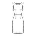 Dress sheath technical fashion illustration with sleeveless, natural waistline, knee length skirt. Flat apparel front