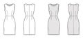 Dress sheath technical fashion illustration with sleeveless, natural waistline, knee length skirt. Flat apparel front